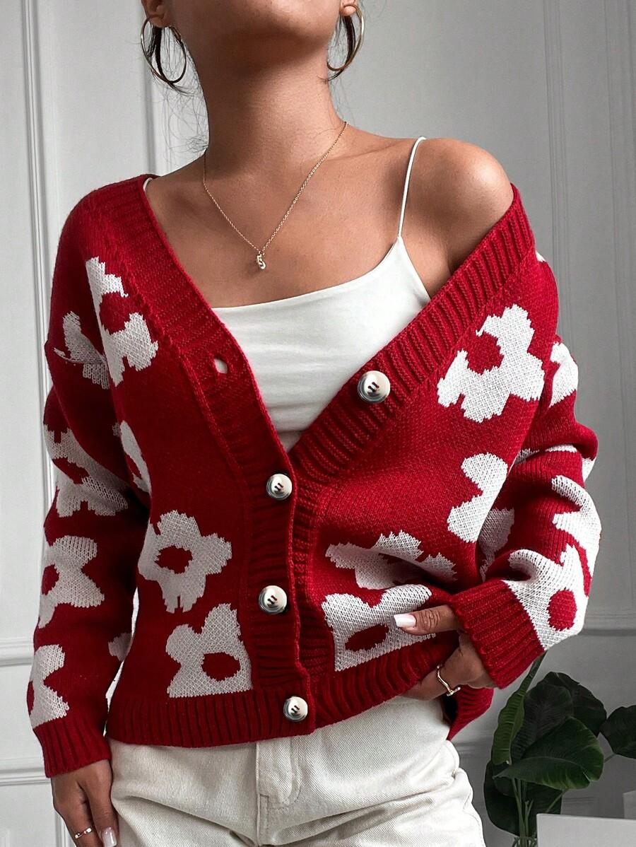 CZERWONY SWETER KWIATY 