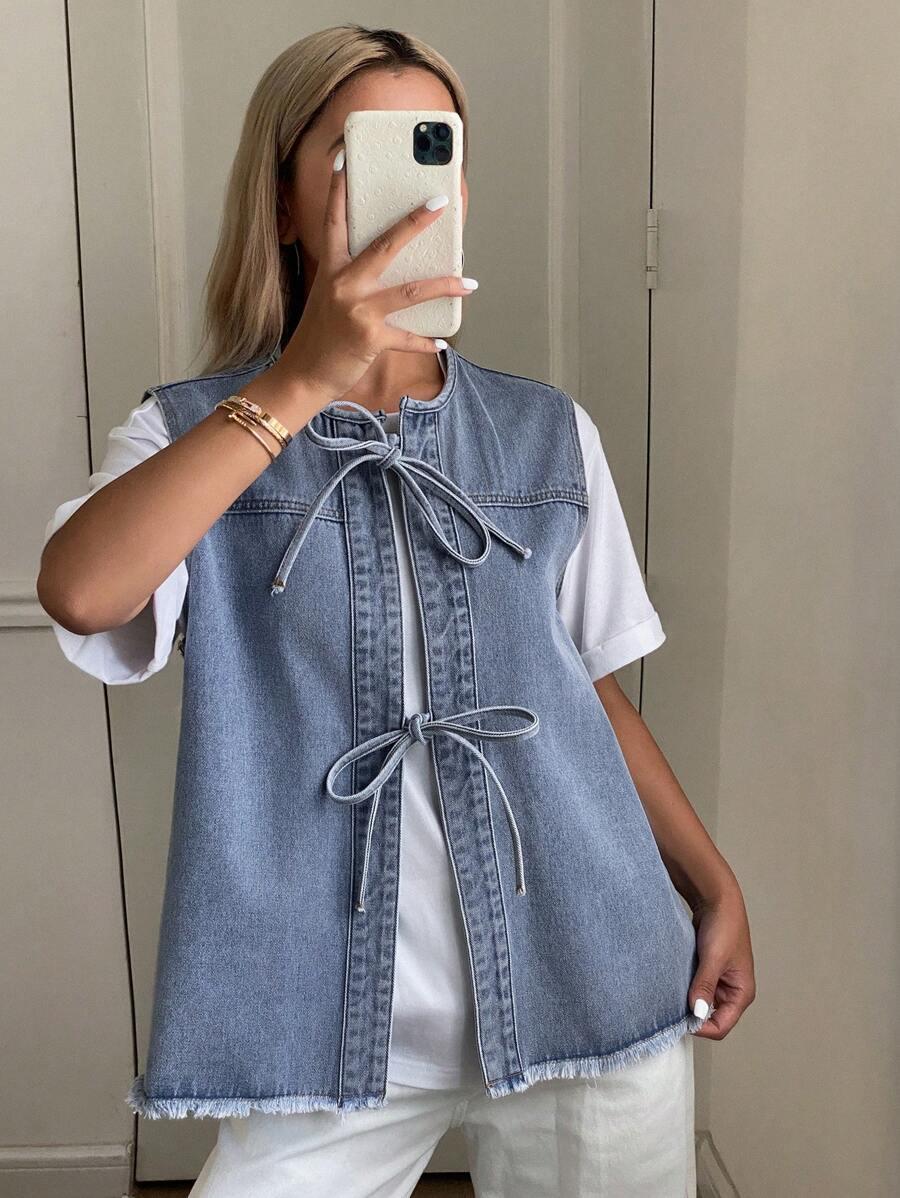 NIEBISKA KAMIZELKA JEANS WIĄZANIE