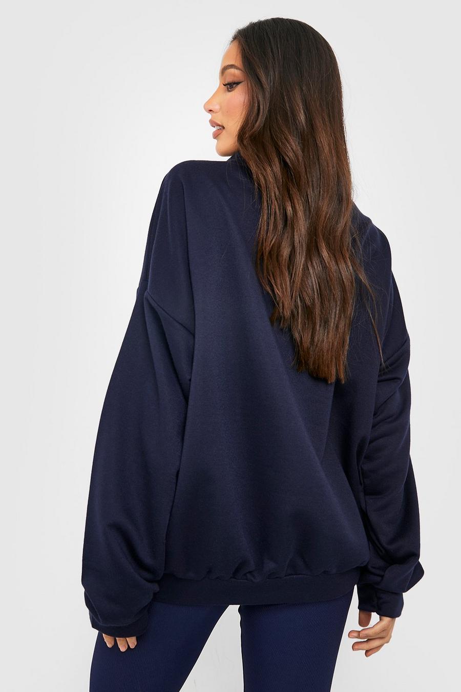 GRANATOWA BLUZA OVERSIZE NADRUK STÓJKA ZAMEK