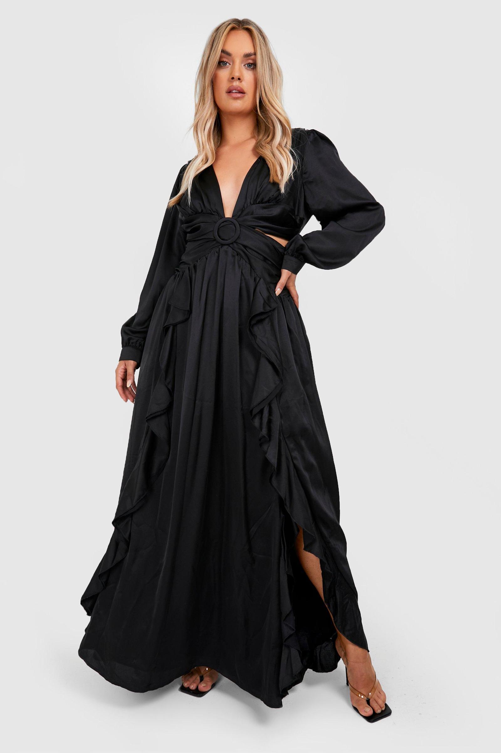 czarna maxi sukienka satyna długi rękaw