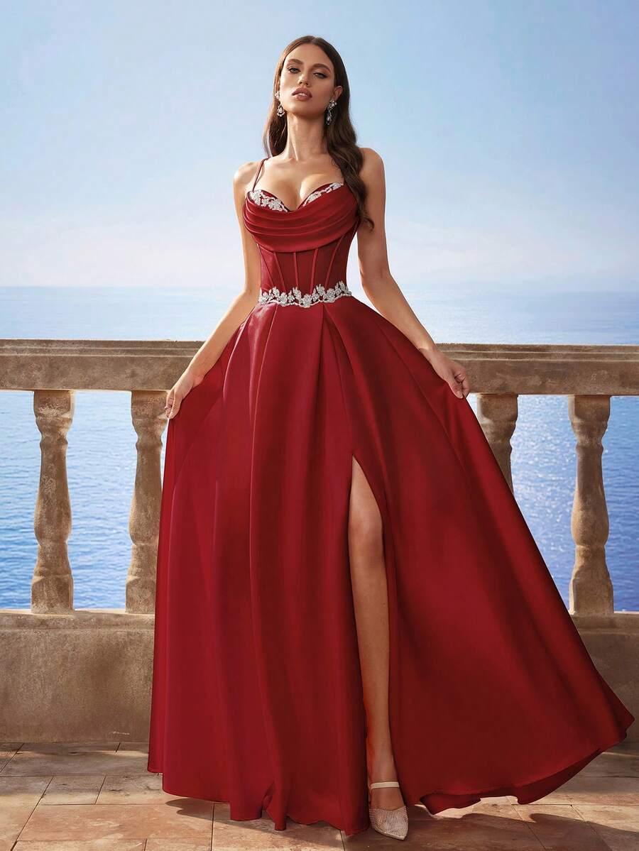 satynowa maxi sukienka rozcięcie zdobienia cross back