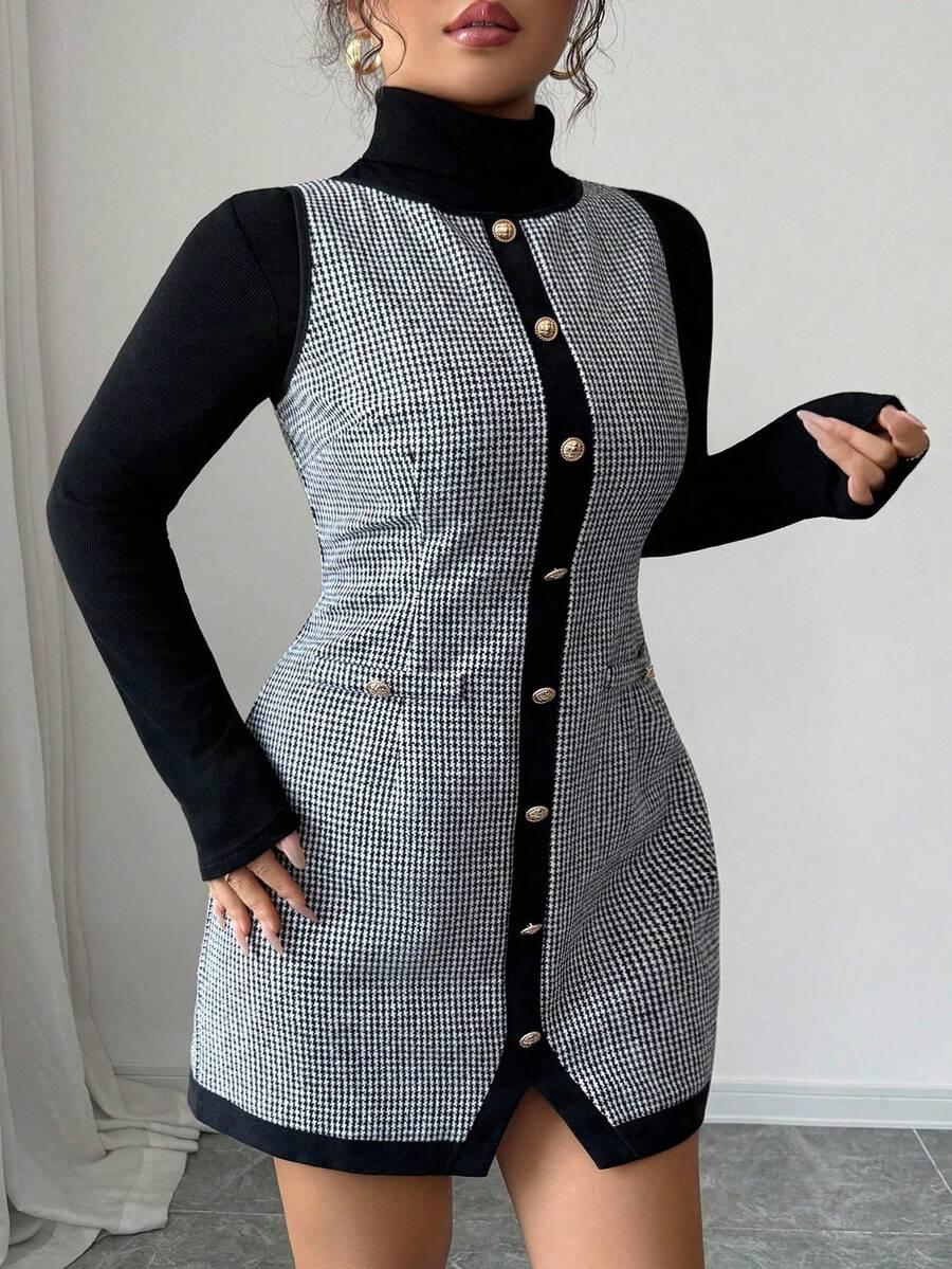 sukienka bez rękawów pepitka złote guziki