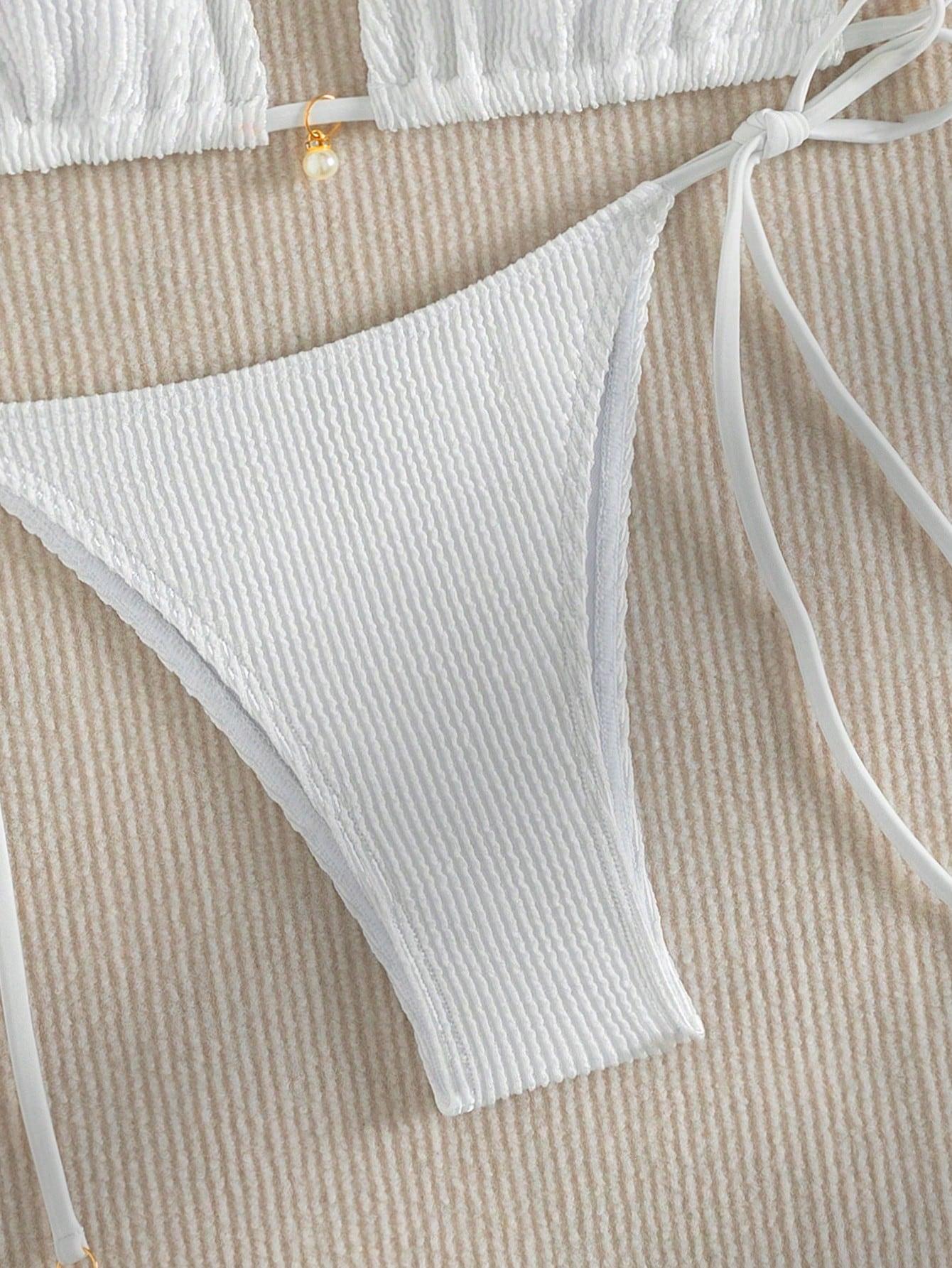 biały strój kąpielowy prążki komplet wiązanie 
