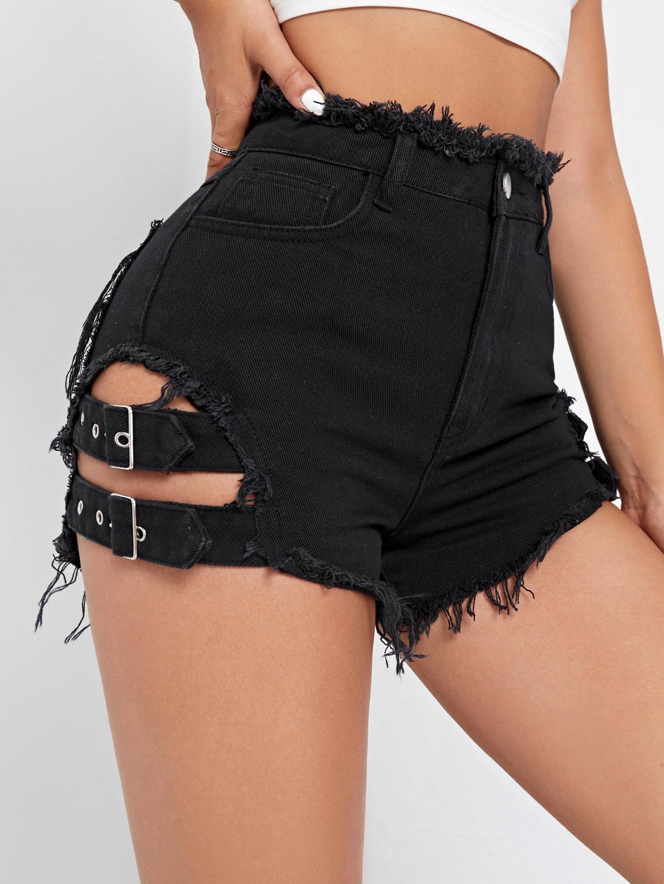 CZARNE SPODENKI JEANS RIPPED KLAMRY