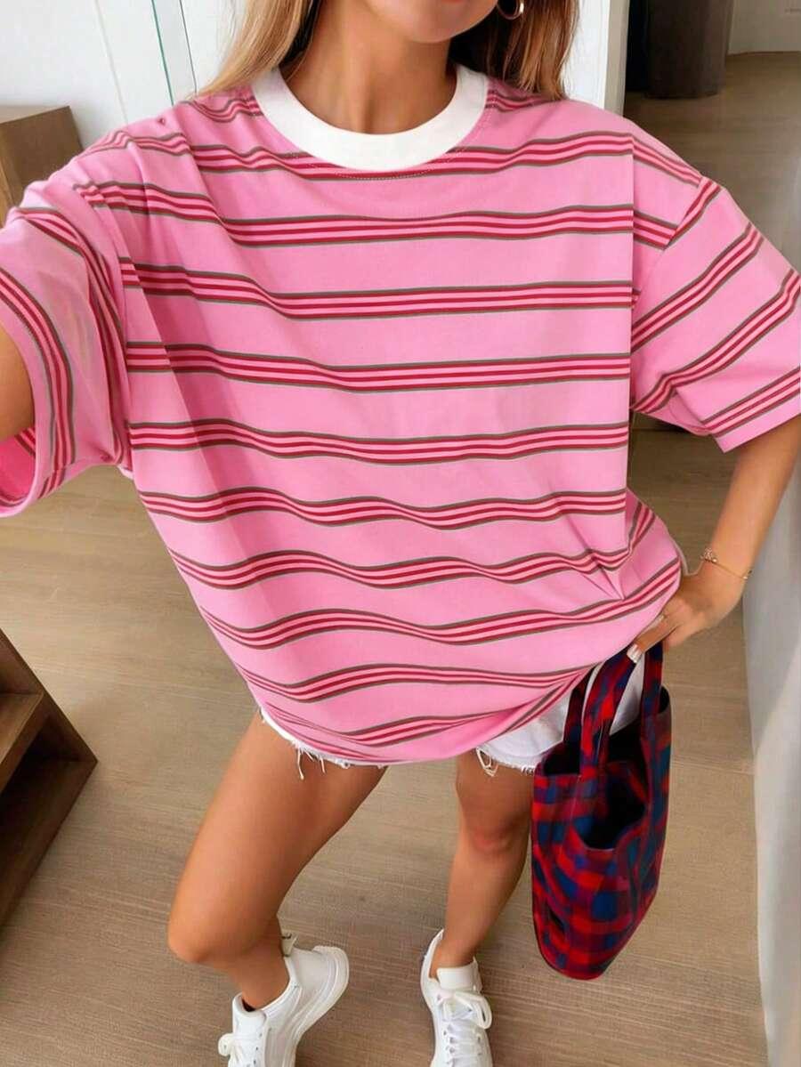 RÓŻOWY T-SHIRT OKRĄGŁY DEKOLT 