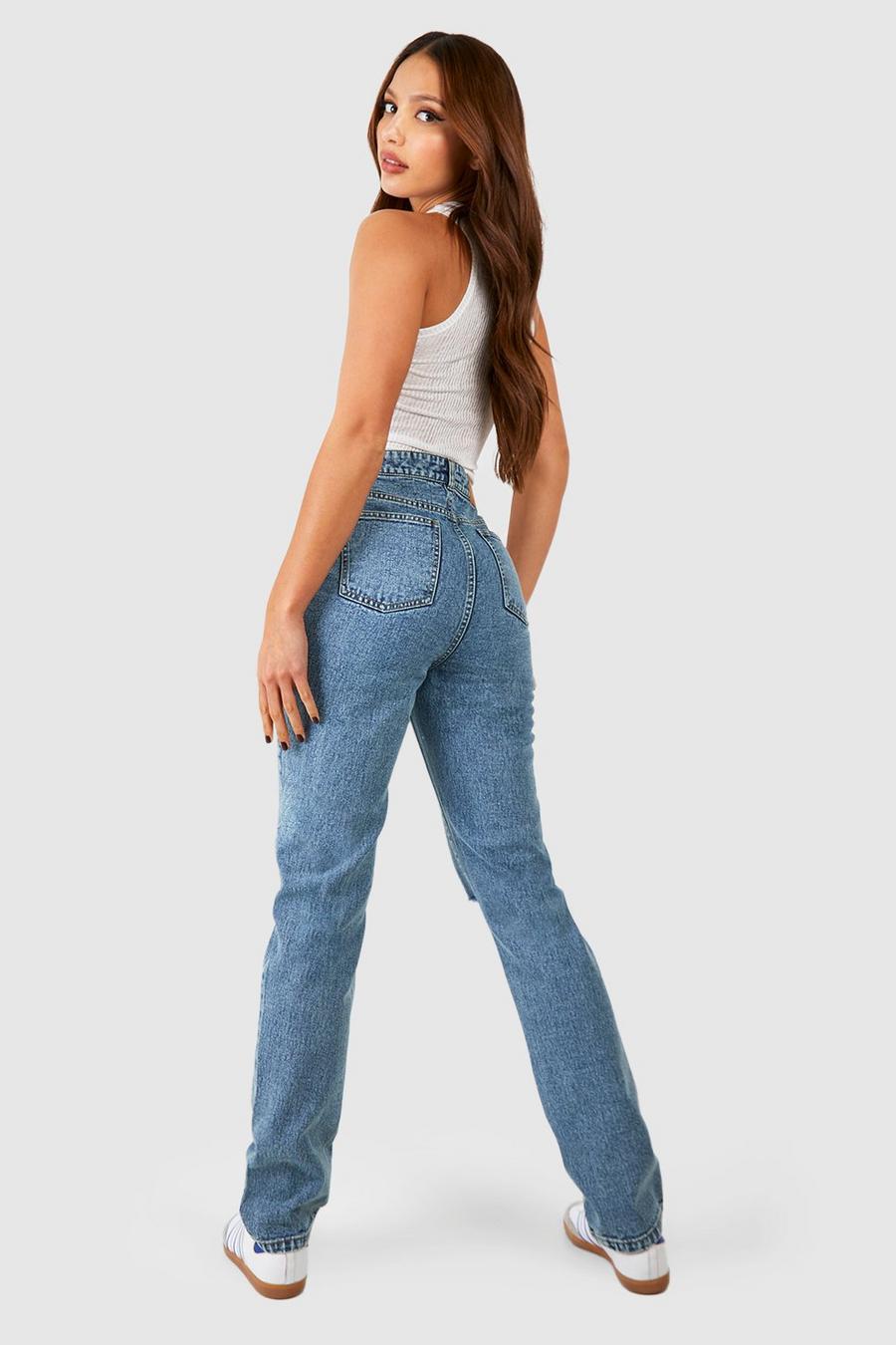 niebieskie proste jeansowe spodnie dziury wysoki stan