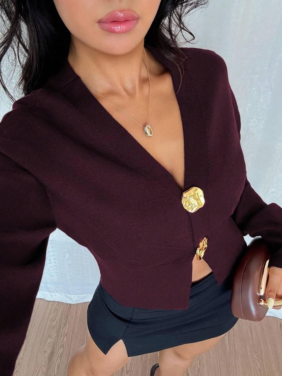 BORDOWY SWETER KARDIGAN V NECK