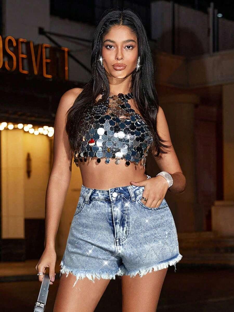 KRÓTKIE SPODENKI JEANS POŁYSK