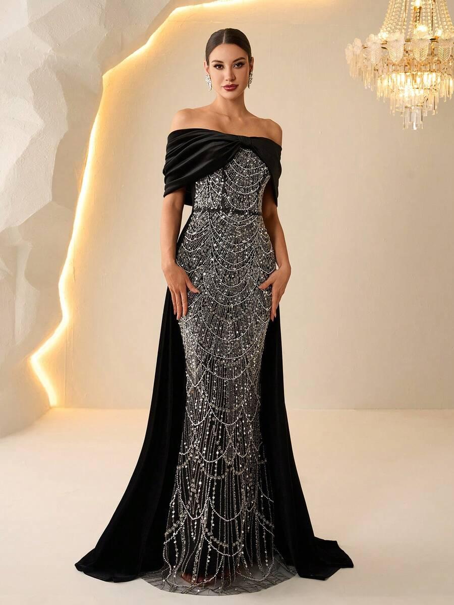 CZARNA MAXI SUKIENKA ZDOBIENIE CEKINY