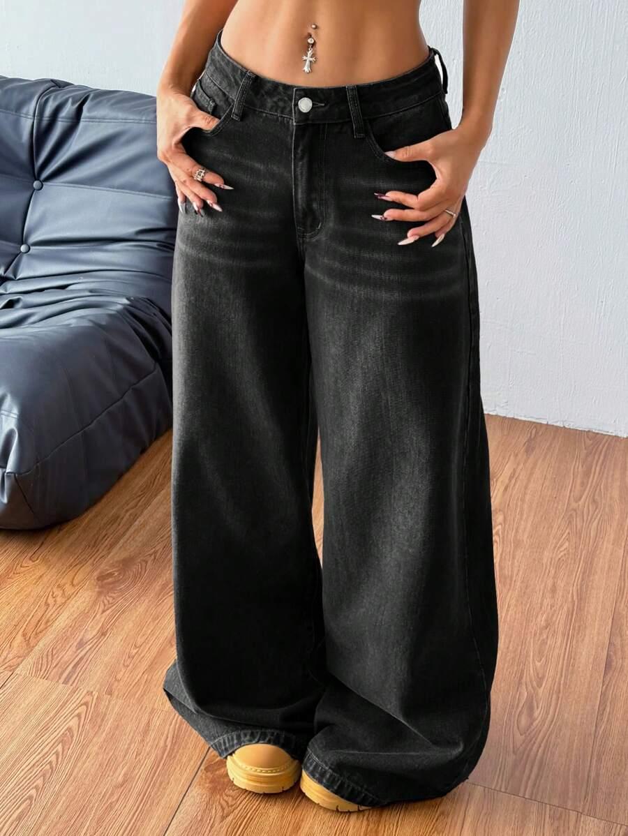 CZARNE SPODNIE JEANS Z SZEROKIMI NOGAWKAMI