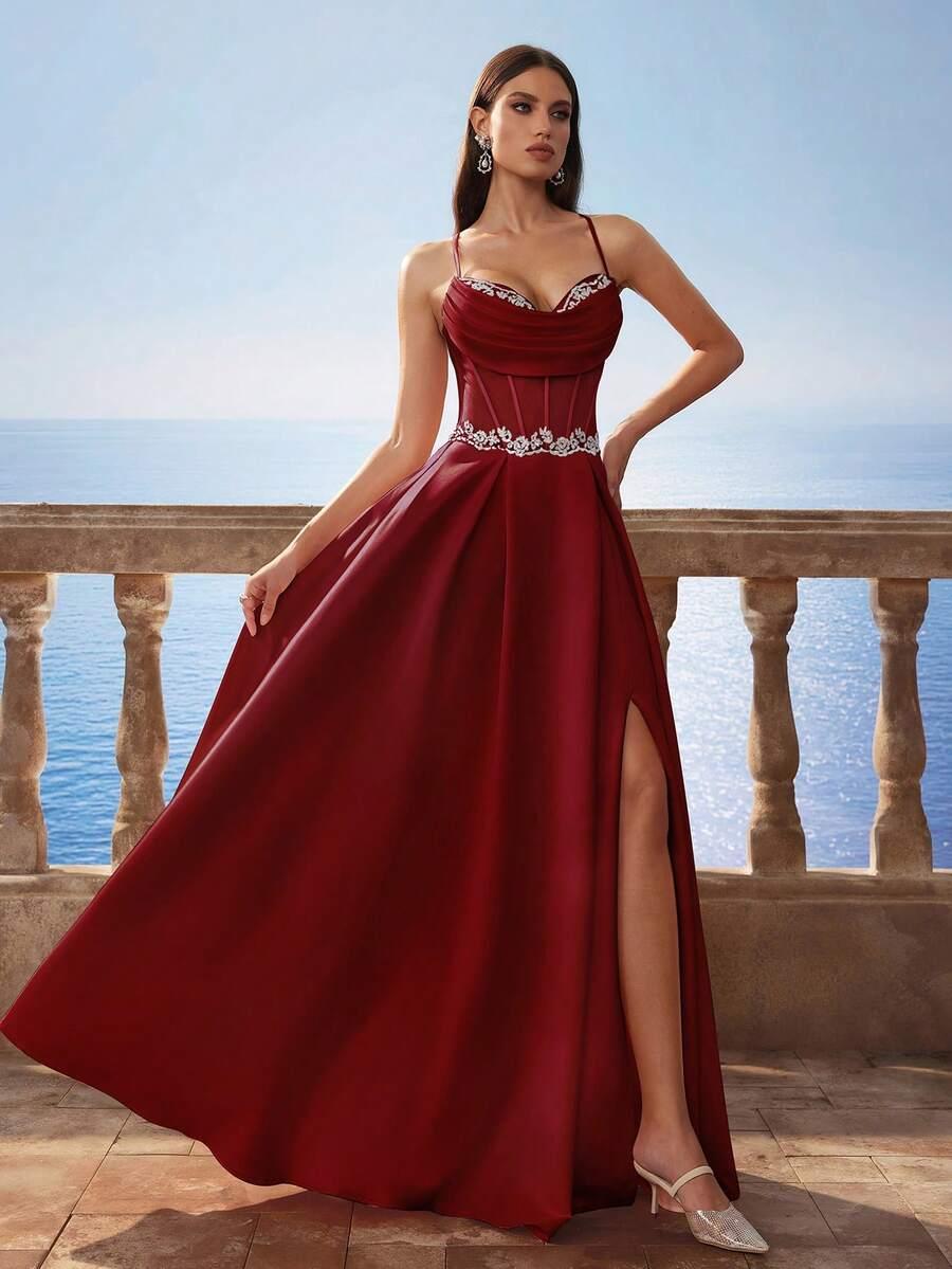 satynowa maxi sukienka rozcięcie zdobienia cross back
