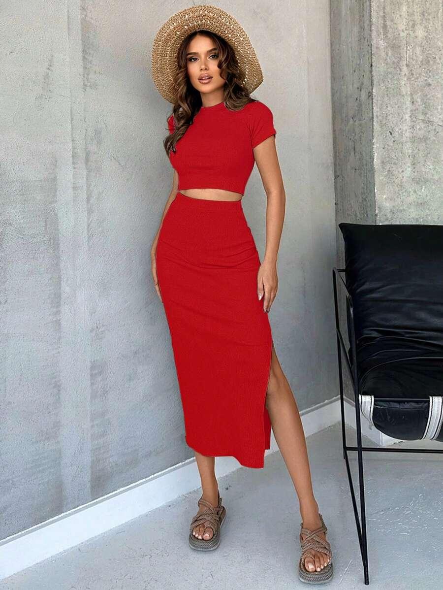crop top spódnica rozcięcie tekstura prążki komplet