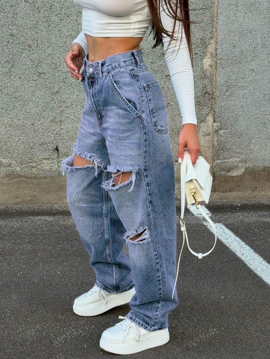 niebieskie spodnie jeans ripped