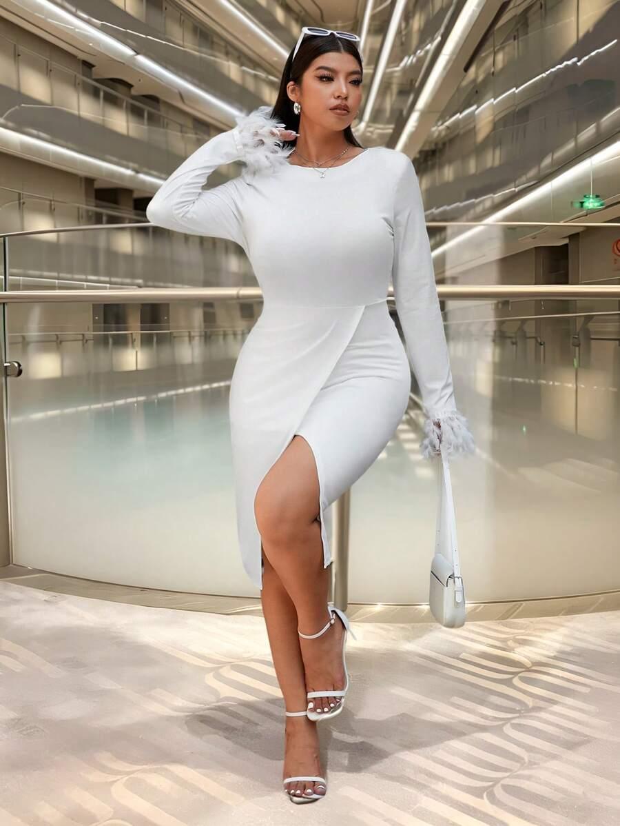 SUKIENKA WIZYTOWA MIDI OŁÓWKOWA PLUS SIZE Z DŁUGIM RĘKAWEM