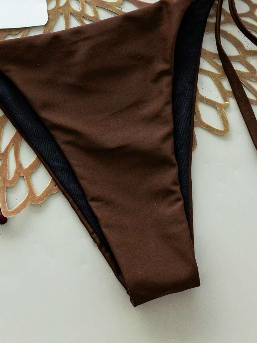 brązowy komplet bikini wiązanie