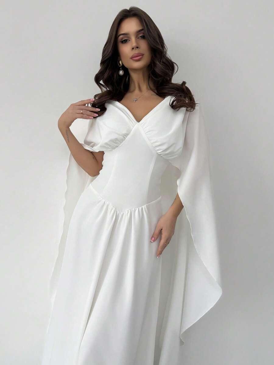 biała maxi sukienka v neck