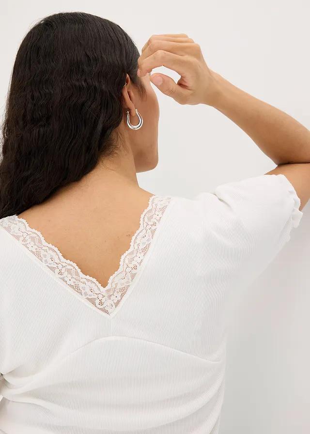 BIAŁA PRĄŻKOWANA BLUZKA V-NECK KORONKA