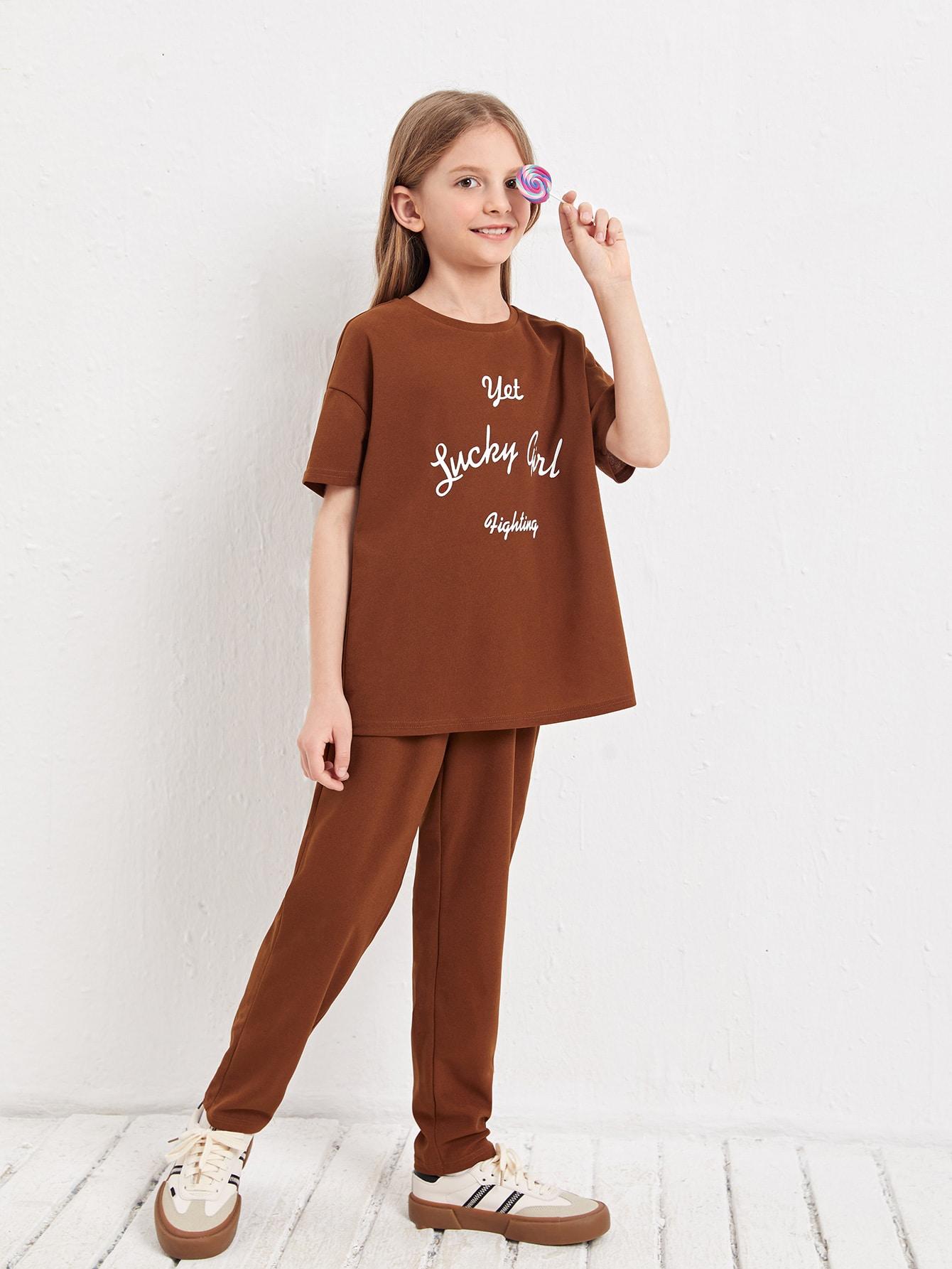 brązowy t-shirt spodnie komplet 