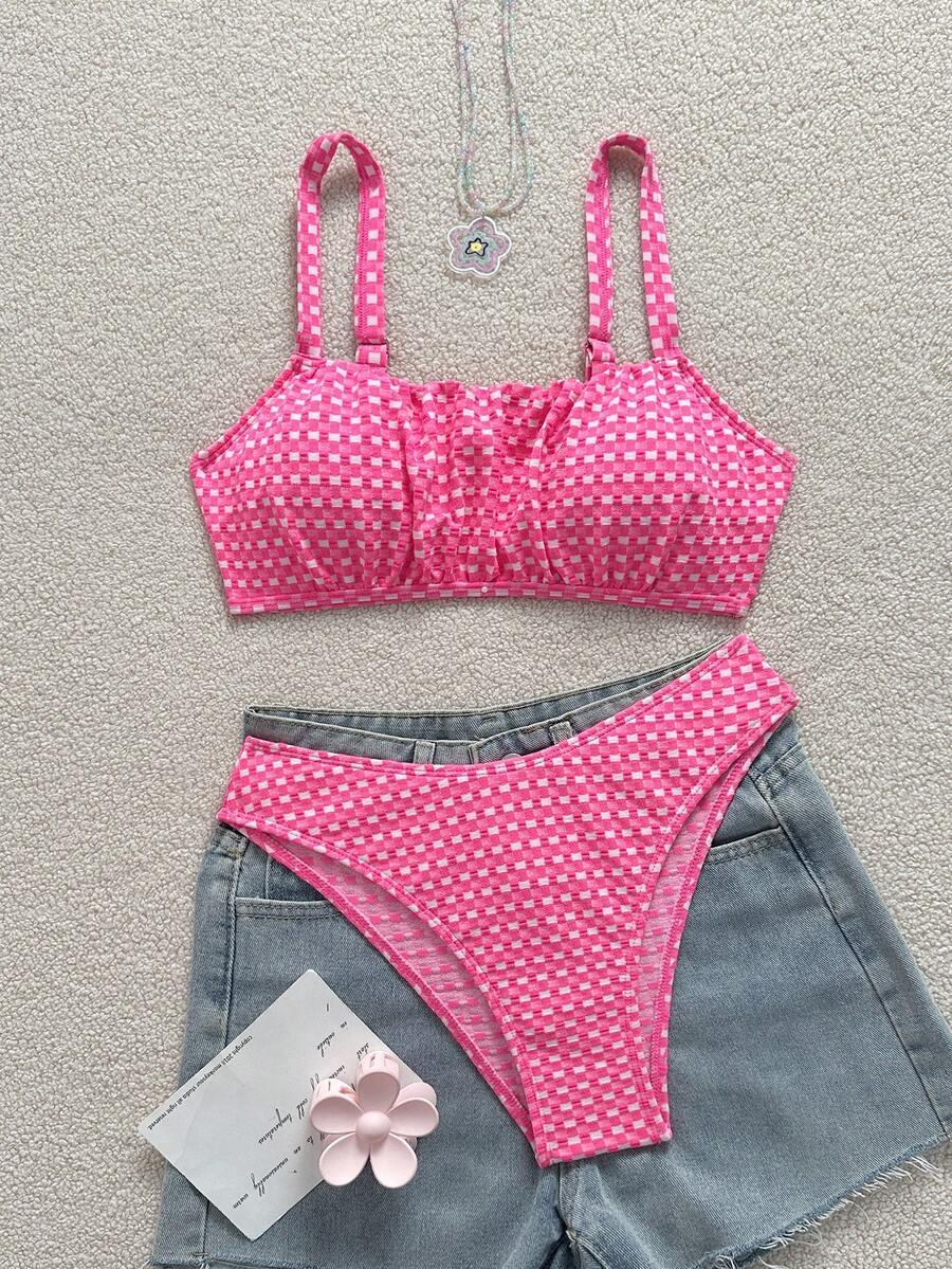 neonowy różowy komplet bikini kratka