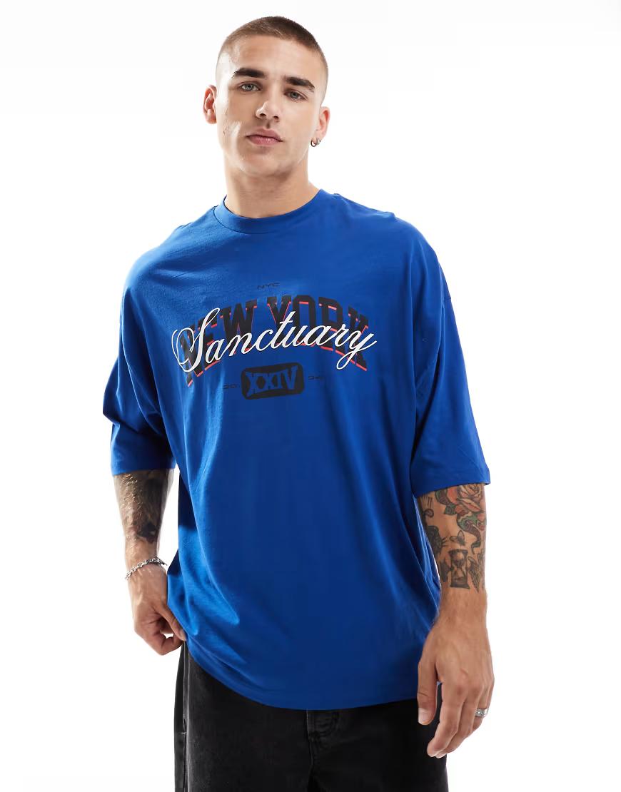 niebieski t-shirt nadruk oversize
