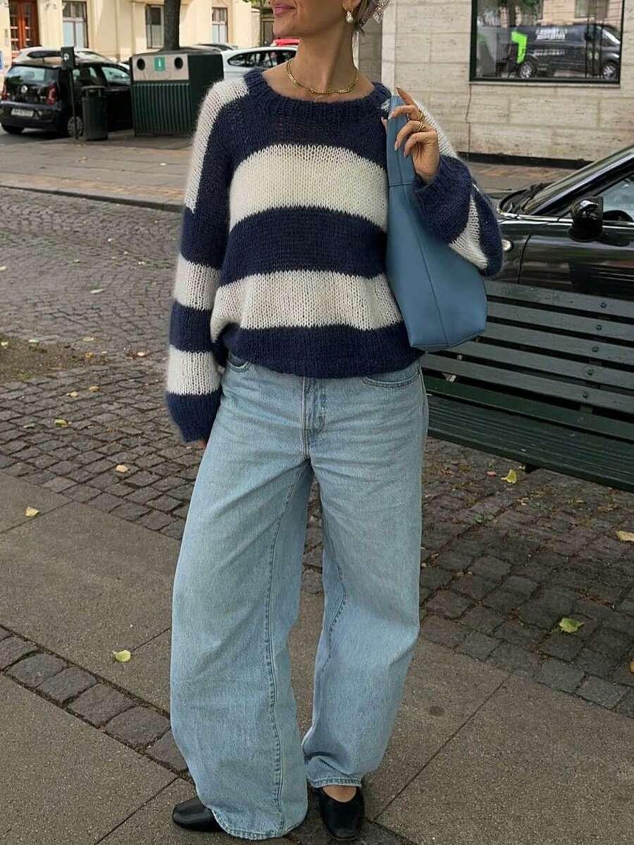 sweter w paski z domieszką wełny