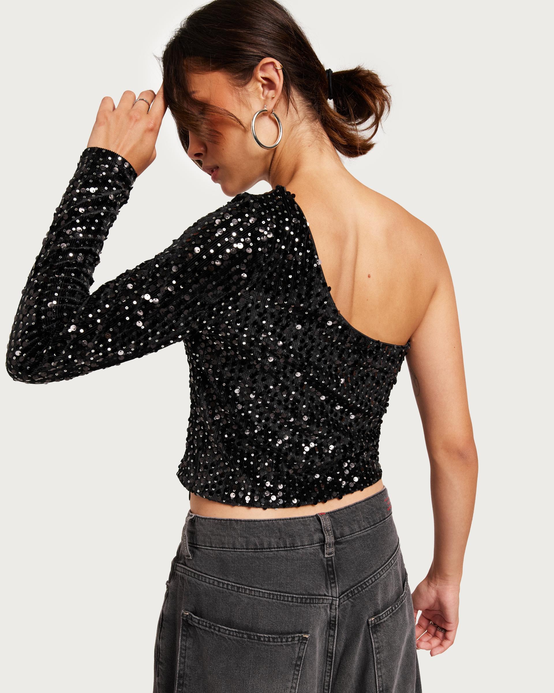 czarny crop top asymetria cekiny welur zdobienie