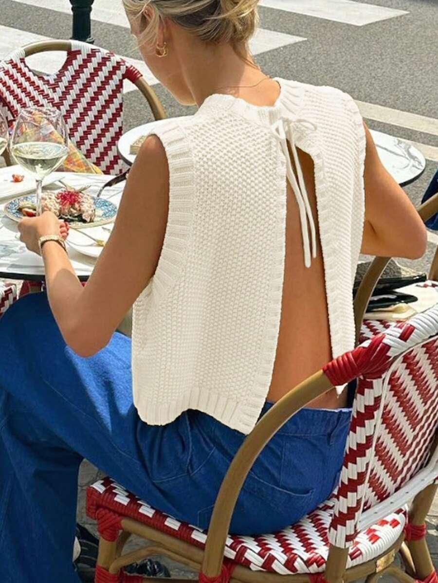 BIAŁY DZIANINOWY SWETER WIĄZANIE