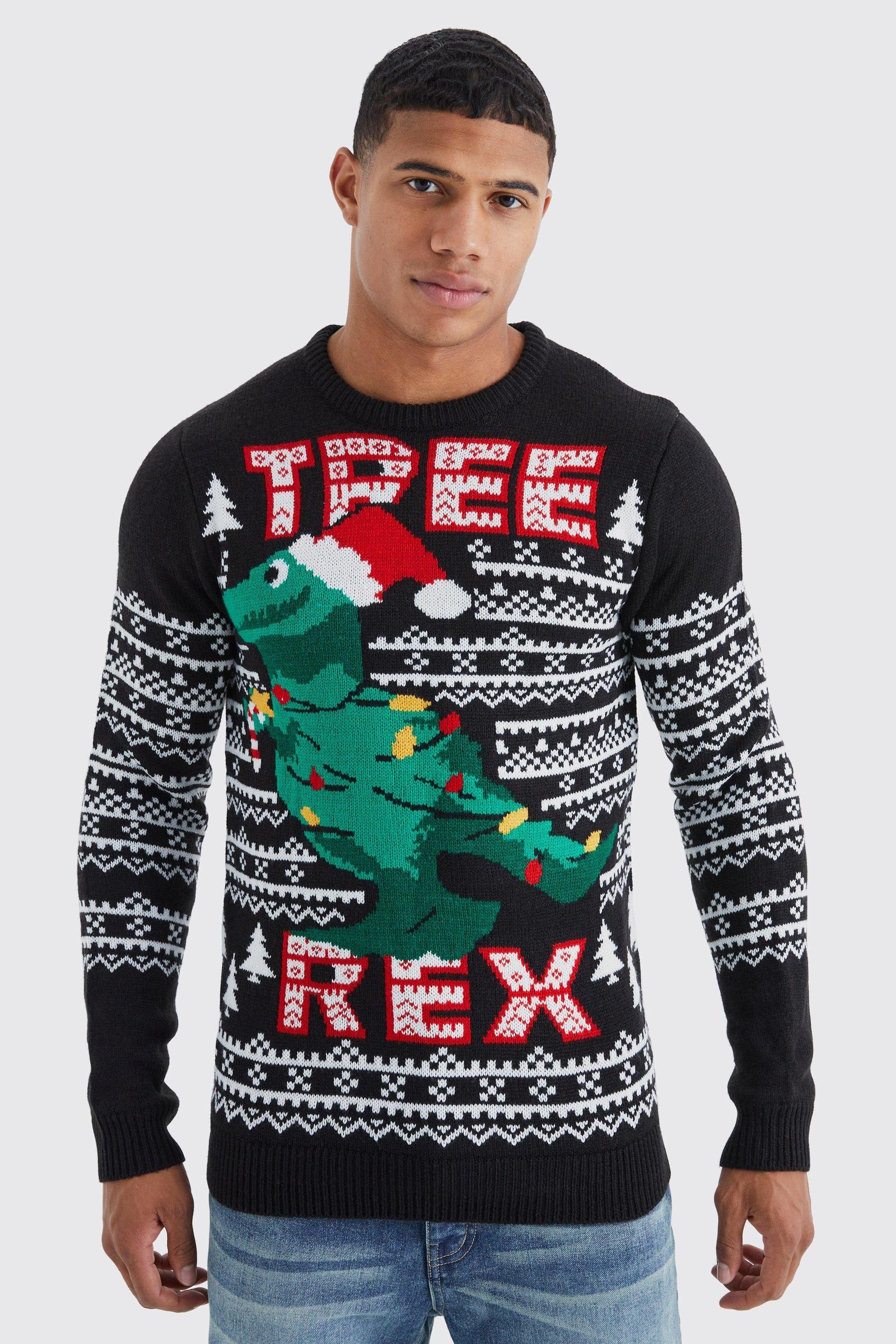 świąteczny sweter okrągły dekolt napis TREE REX