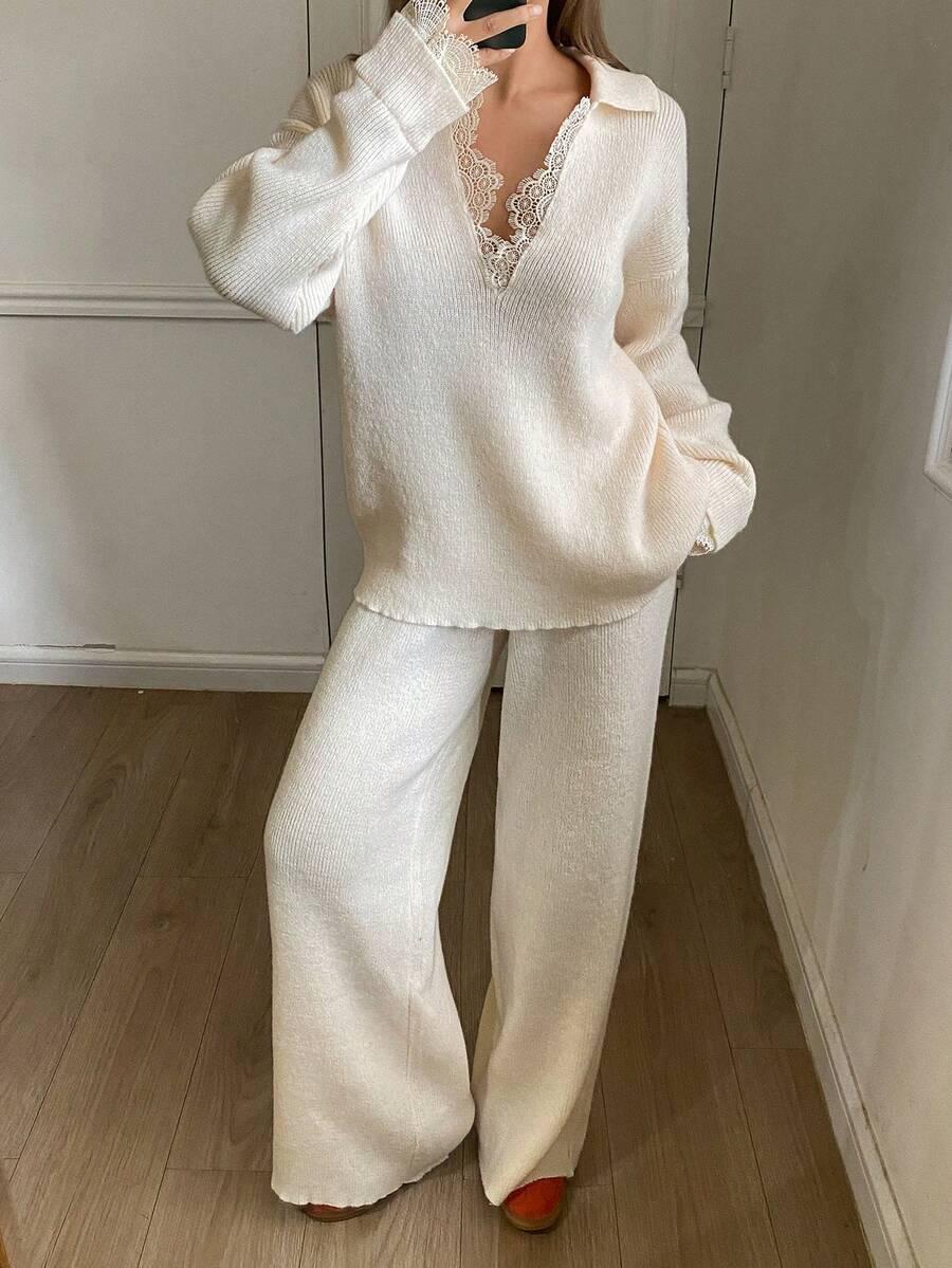 DZIANINOWY KOMPLET SWETER SPODNIE