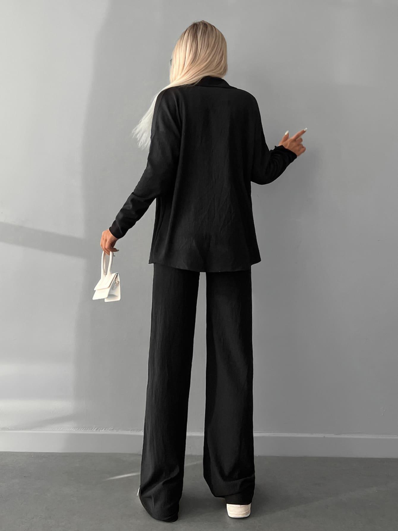 CZARNY KOMPLET TEKSTURA CROP TOP KOSZULA SPODNIE CASUAL