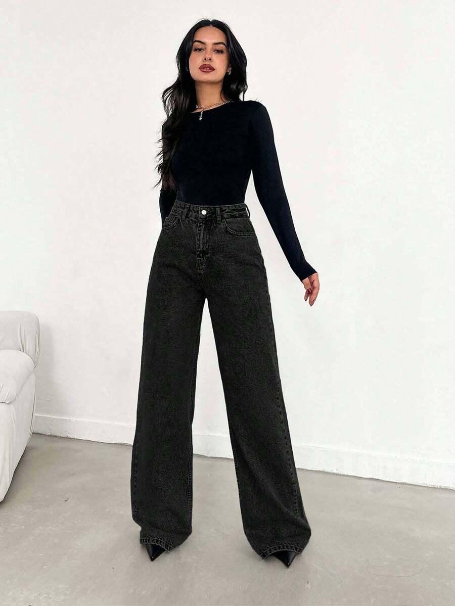 CZARNE PROSTE SPODNIE JEANS WYSOKI STAN