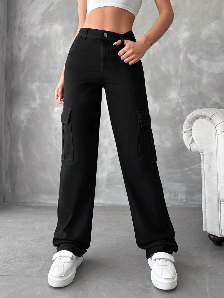 CZARNE SPODNIE JEANS SZEROKA NOGAWKA
