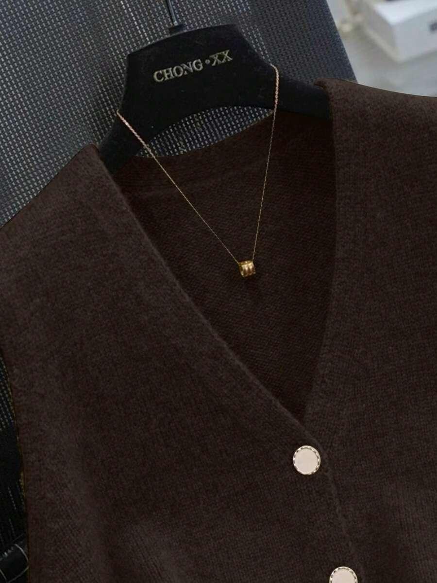 BRĄZOWA DZIANINOWA KAMIZELKA V-NECK GUZIKI
