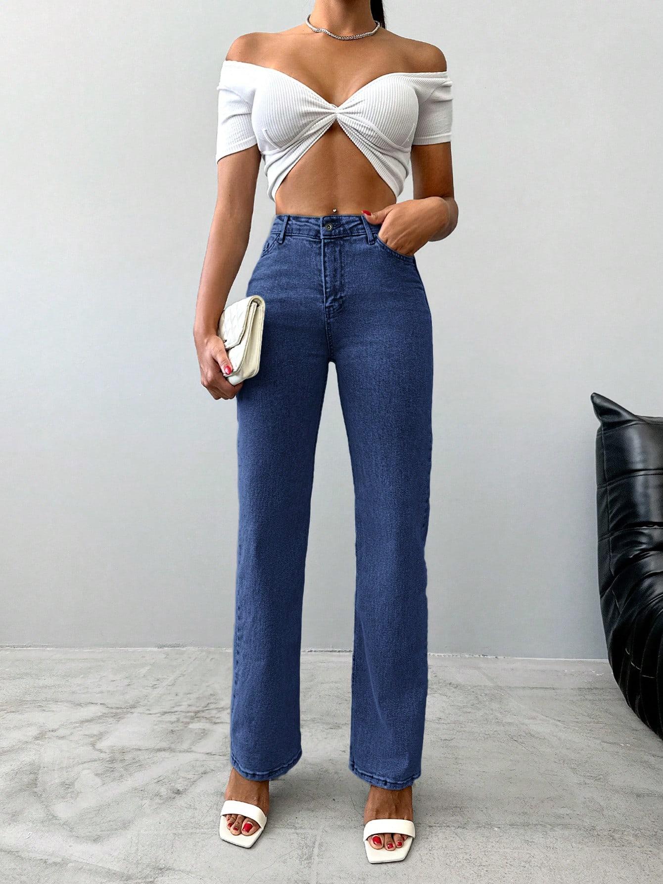 granatowe proste spodnie jeans high waist kieszenie