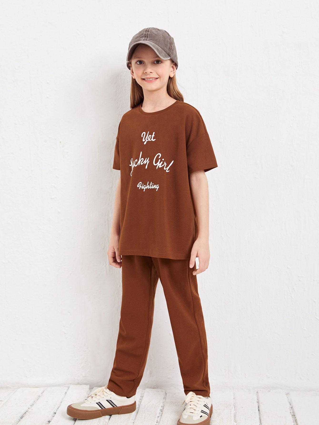 brązowy t-shirt spodnie komplet 