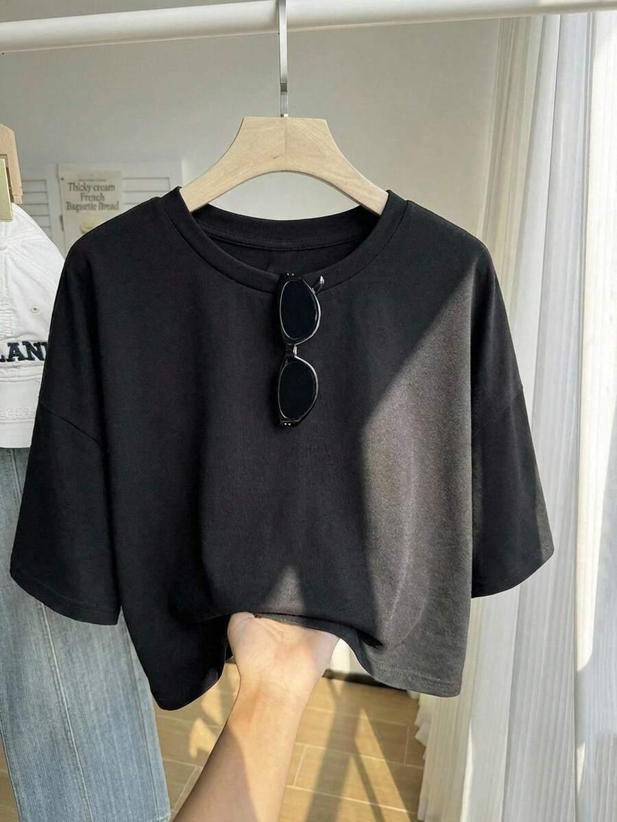 CZARNY T-SHIRT OKRĄGŁY DEKOLT