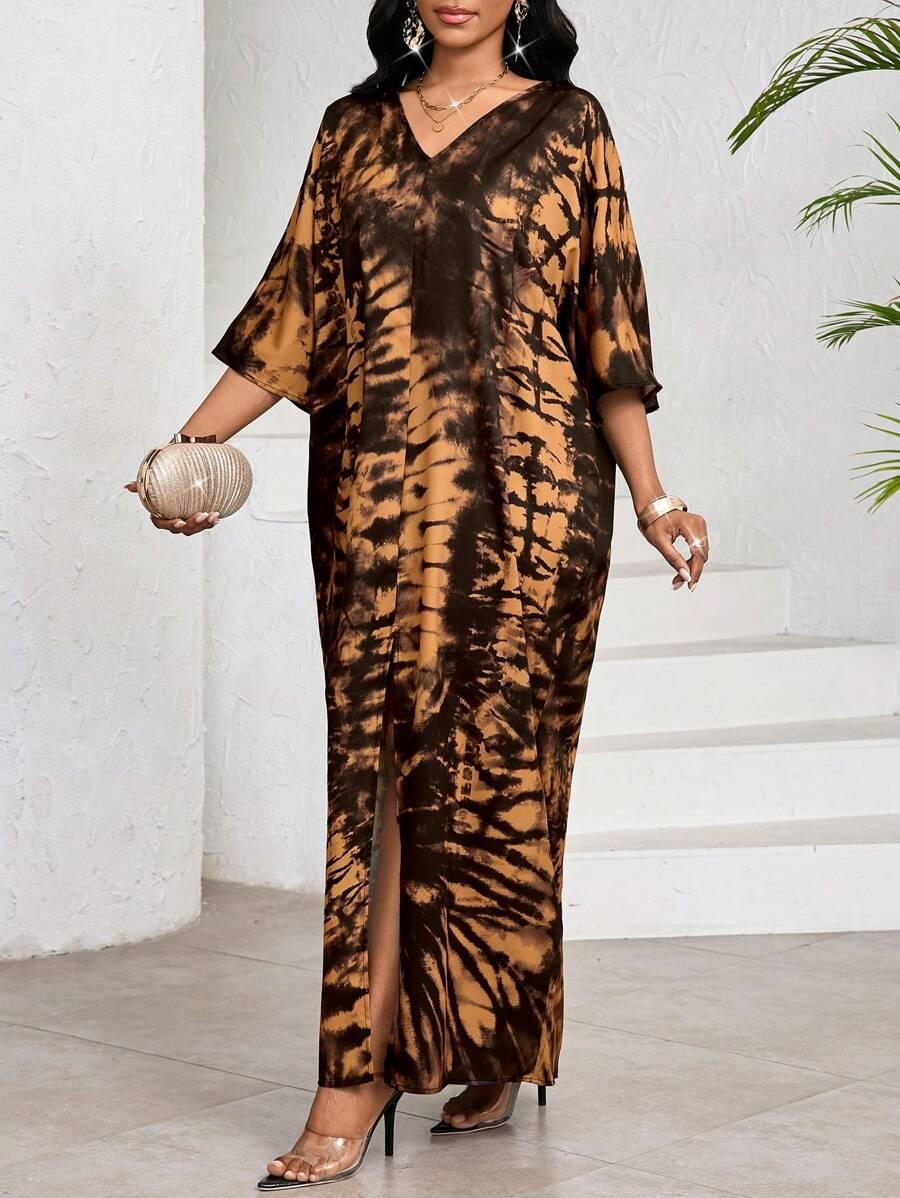 maxi sukienka rozcięcie rękaw 3/4 print v-neck
