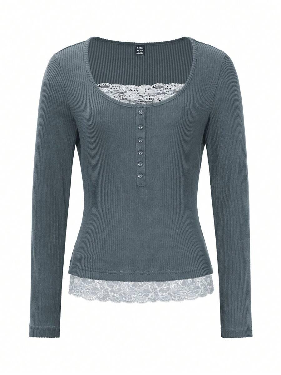 BLUZA W PRĄŻKI KORONKA WSTAWKA