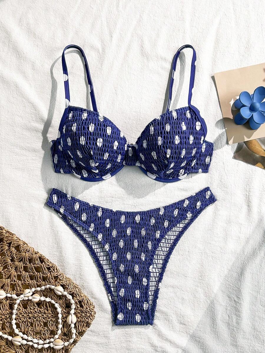 granatowy komplet bikini wzór groszki