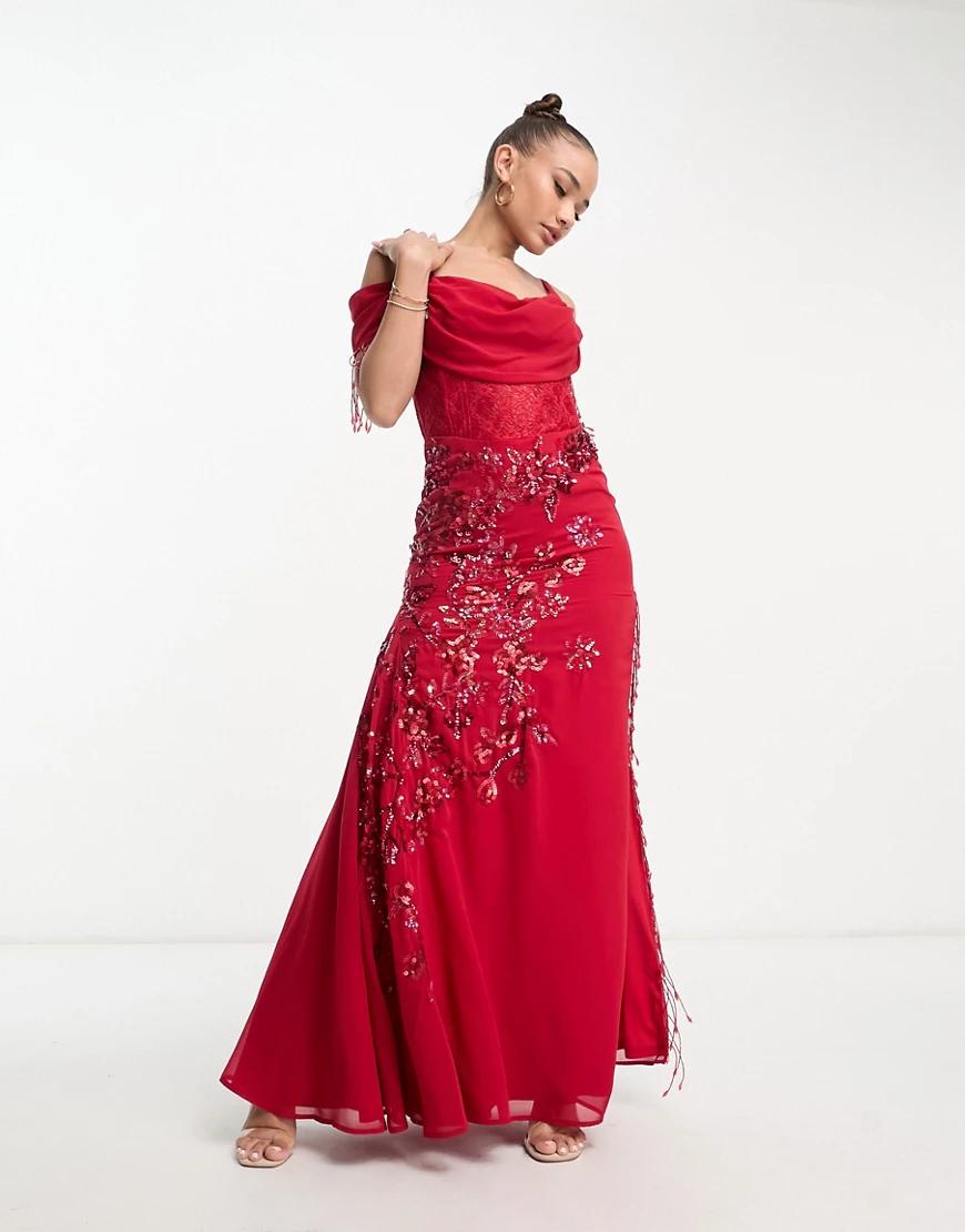 czerwona maxi sukienka ramiączka koronka cekiny