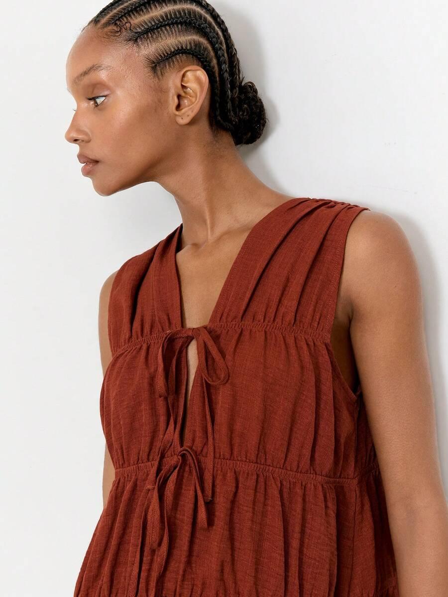 miedziana mini sukienka oversize wiązanie