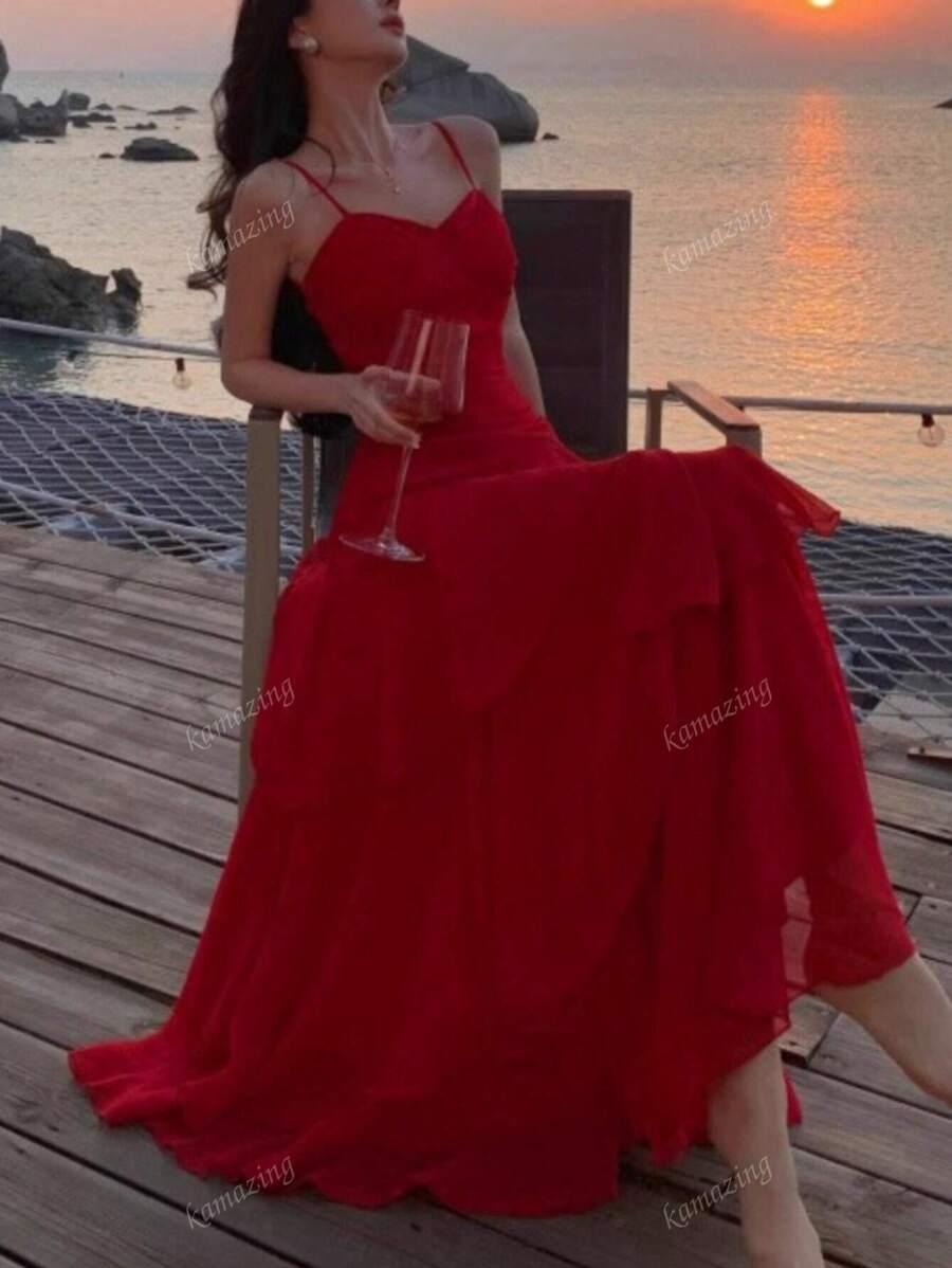 CZERWONA SZYFONOWA SUKIENKA