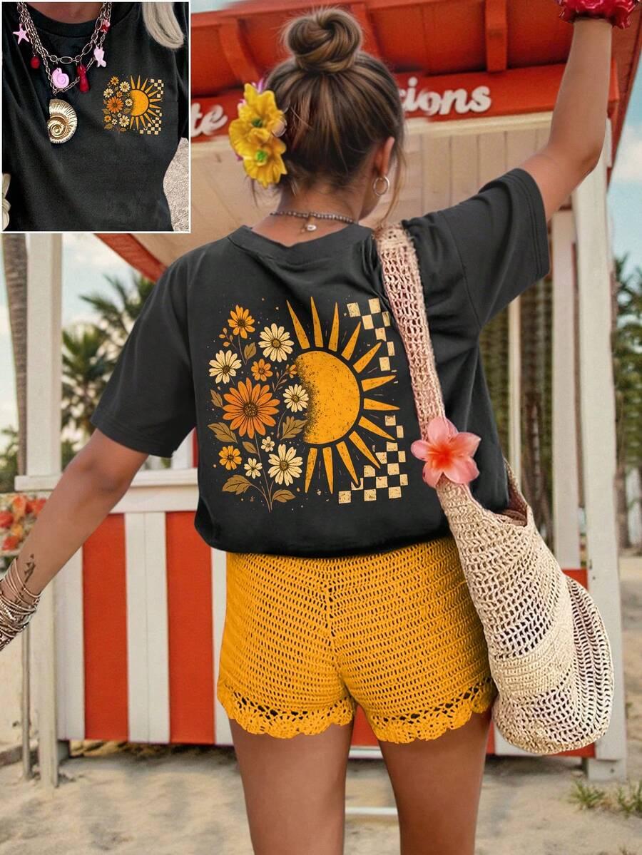 SZARY T-SHIRT DAMSKI Z NADRUKIEM 