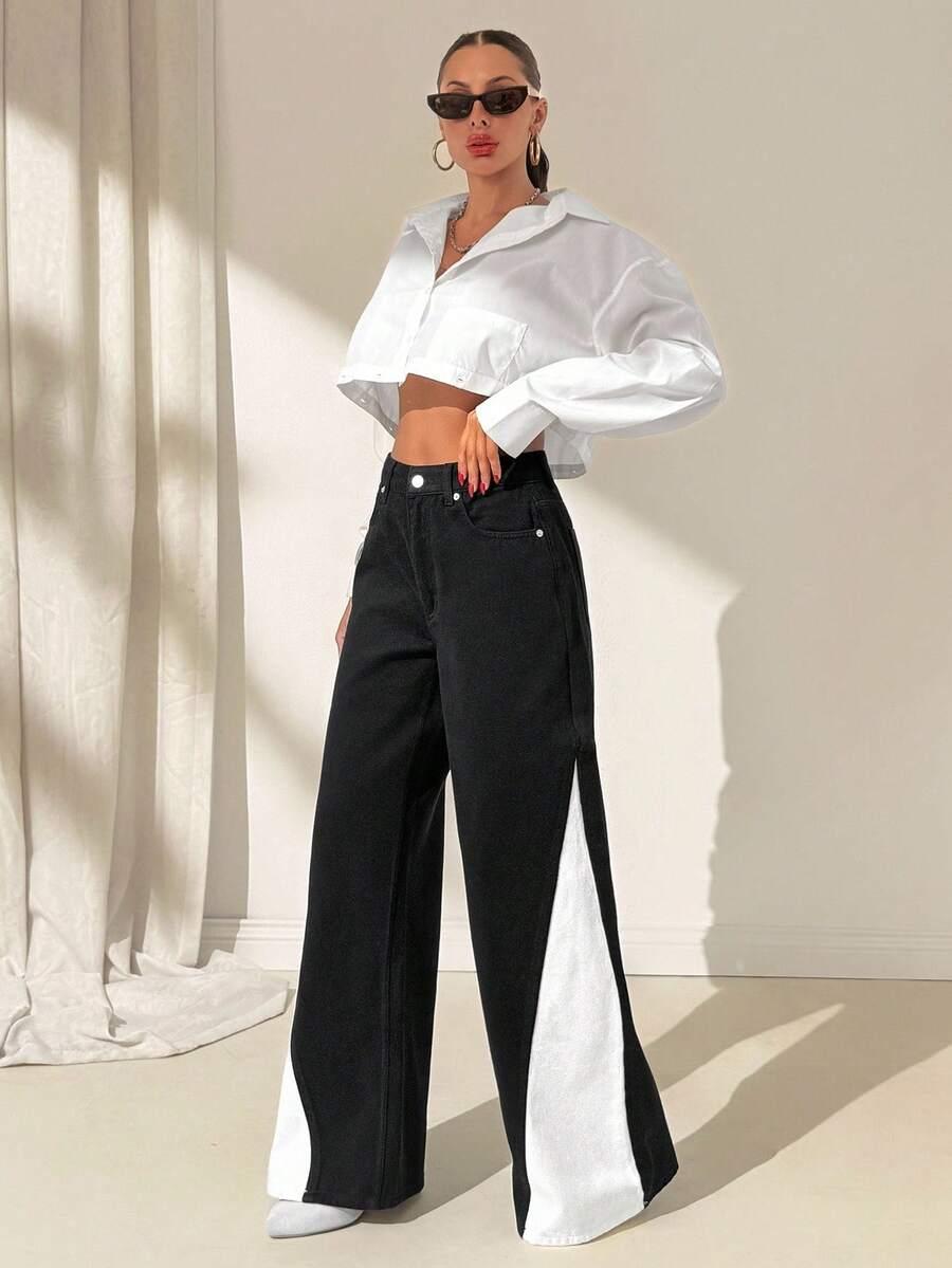 CZARNE SPODNIE JEANS KONTRAST