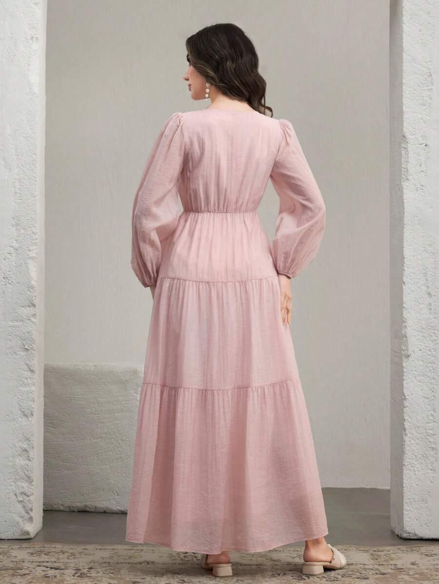 maxi sukienka długi rękaw v neck wiązanie 