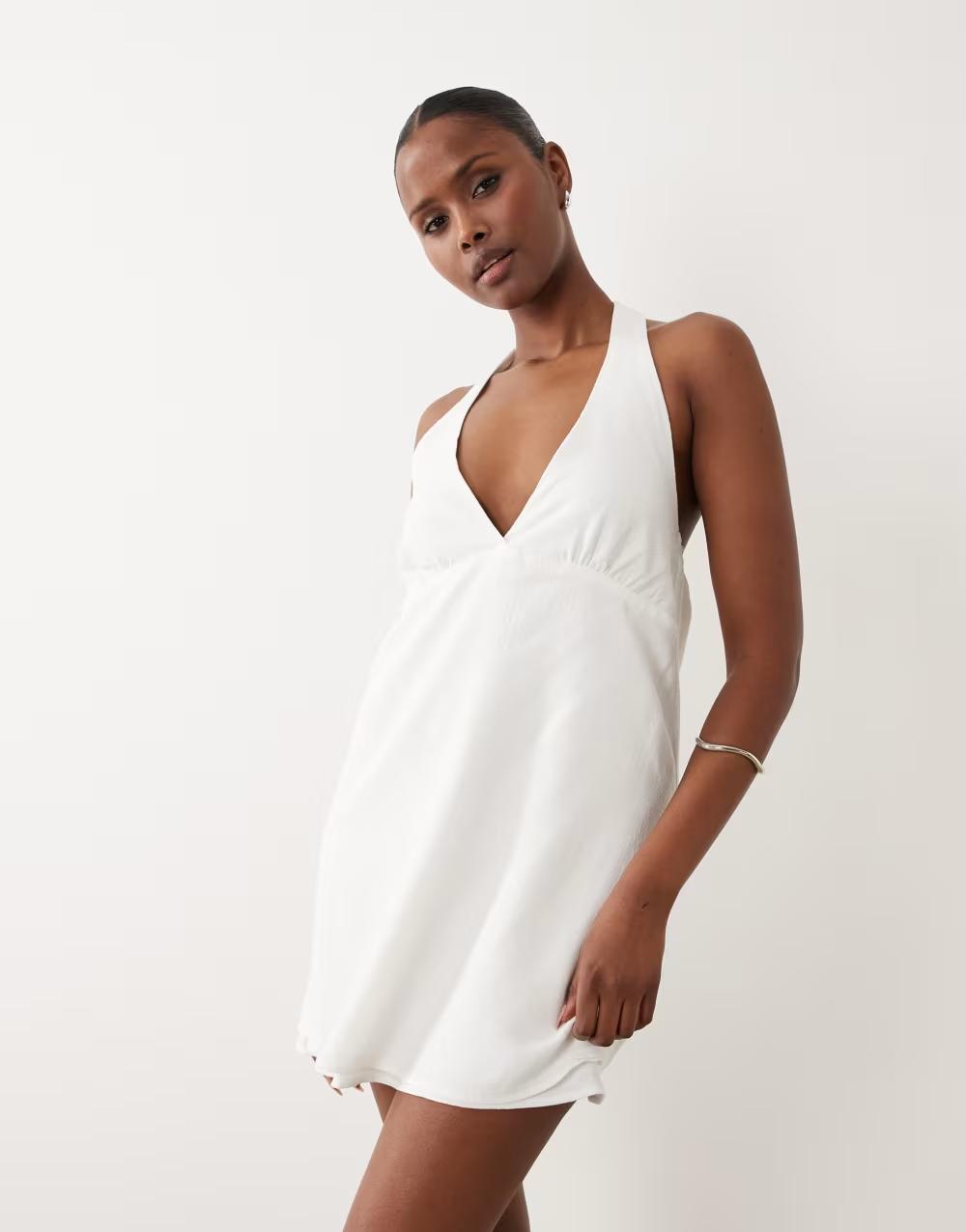 biała mini sukienka z domieszką lnu v-neck