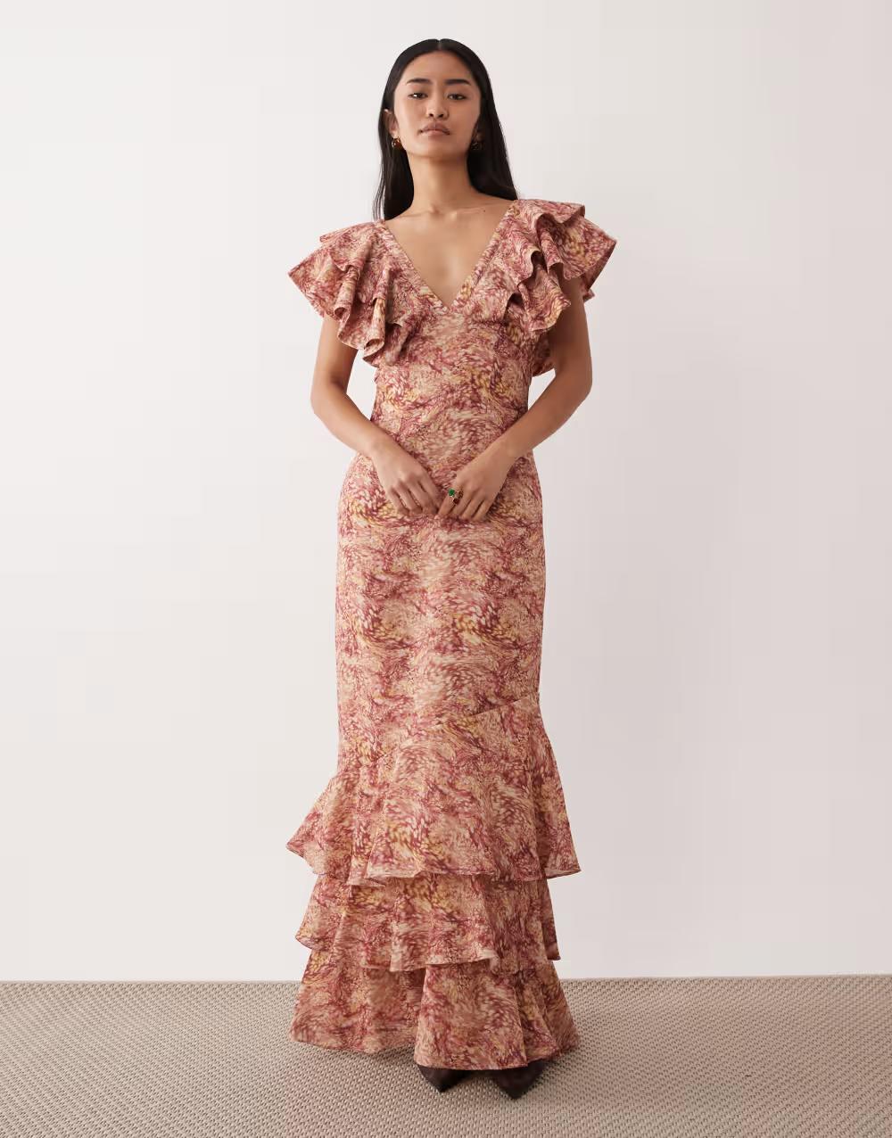 maxi sukienka v-neck falbany wzór