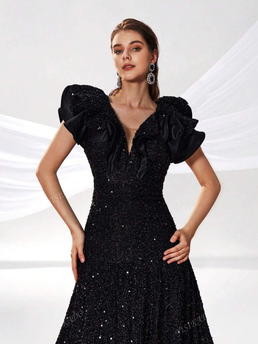 CZARNA MAXI SUKIENKA CEKINY