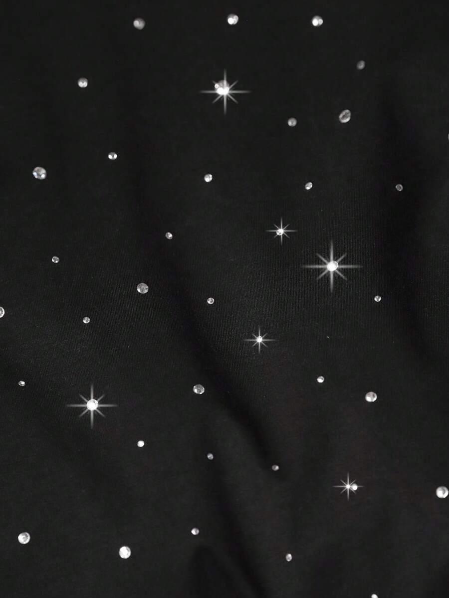 CZARNY T-SHIRT OKRĄGŁY DEKOLT ZDOBIENIE 