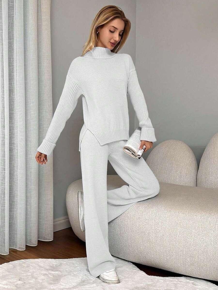kremowy komplet sweter spodnie